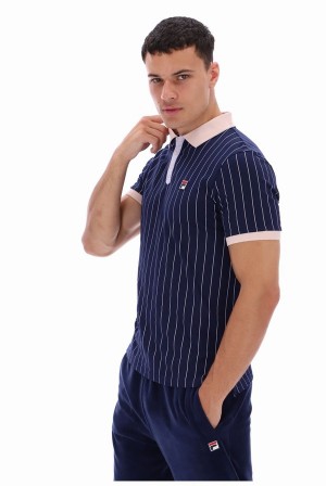 Navy / Coral Fila BB1 Classic Vintage Striped Men Polo Shirts | 6752CISOD