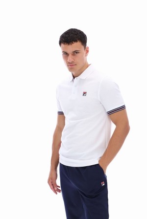 White Fila Omari Heritage Stripe Men Polo Shirts | 3701GCITY