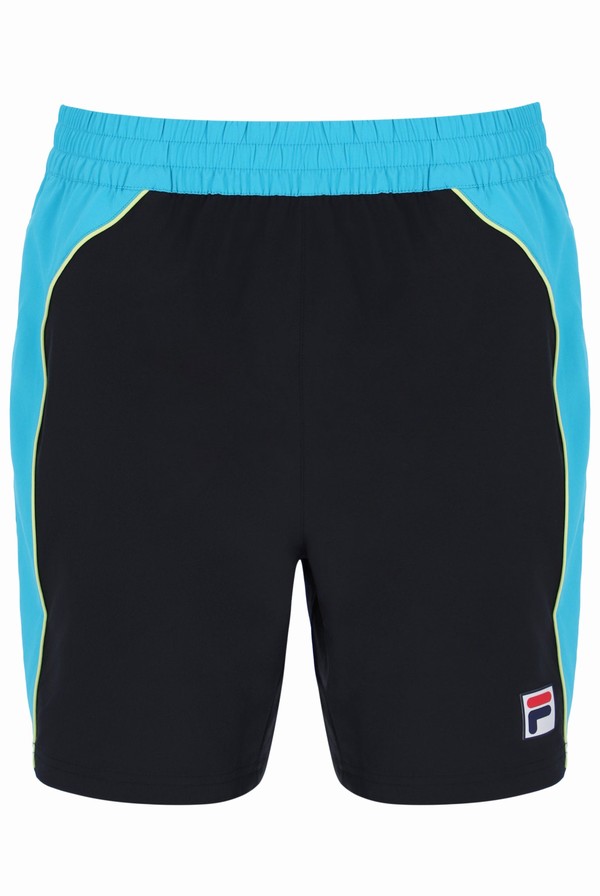 Black / Blue Fila Backspin Tennis Color Block Men Shorts | 2513AFLZY