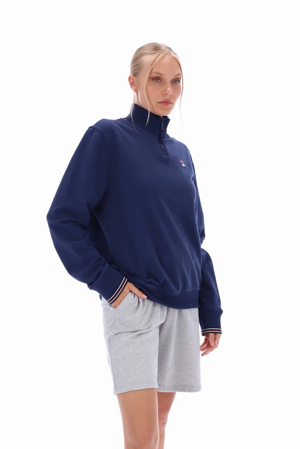 Blue Fila Ramy F Box 1/4 Zip With Yarn Dye Cuff Women Co-ords | 7934GVMJO