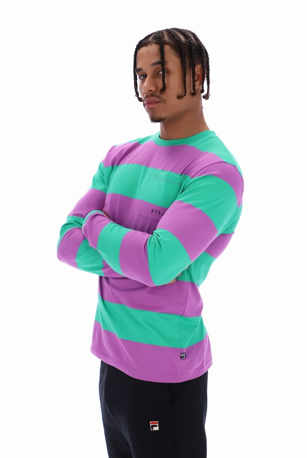 Deep Mint / Purple Fila Morley Oversized Stripe Long Sleeved Pocket Men T-shirts | 4716FTLSE