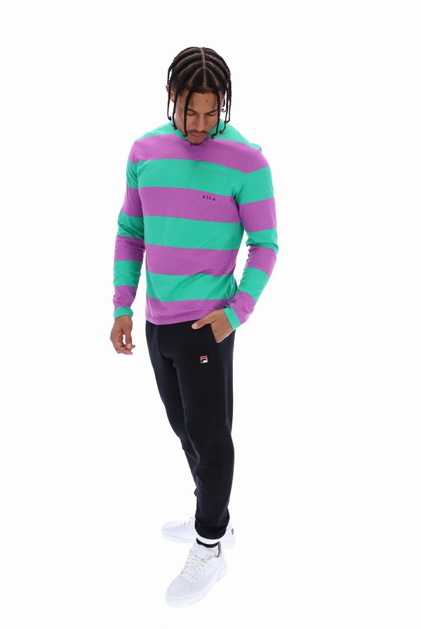 Deep Mint / Purple Fila Morley Oversized Stripe Long Sleeved Pocket Men T-shirts | 4716FTLSE