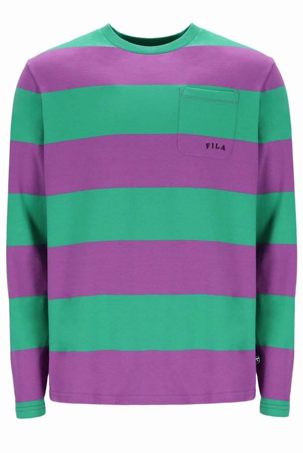 Deep Mint / Purple Fila Morley Oversized Stripe Long Sleeved Pocket Men T-shirts | 4716FTLSE