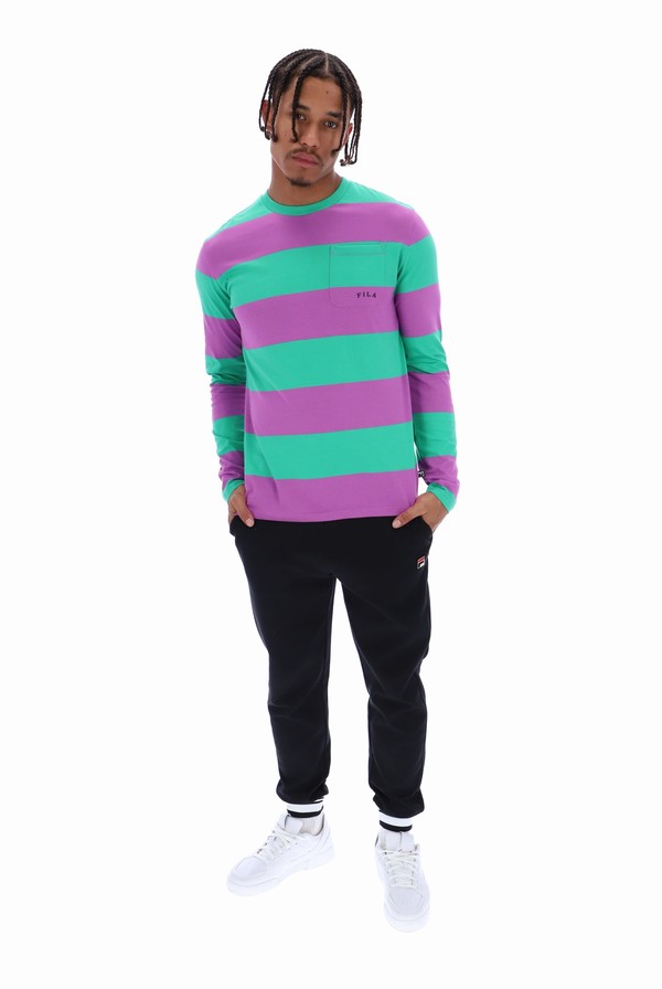 Deep Mint / Purple Fila Morley Oversized Stripe Long Sleeved Pocket Women T-shirts | 7153BGQWP
