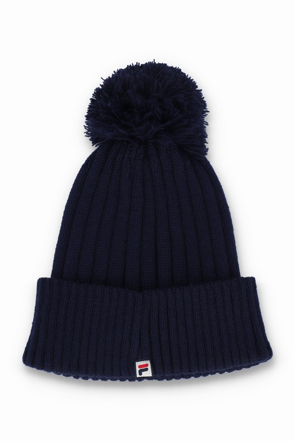 Navy Fila Teo Ribbed Turnup Pom Men Beanie | 3968HOTJL