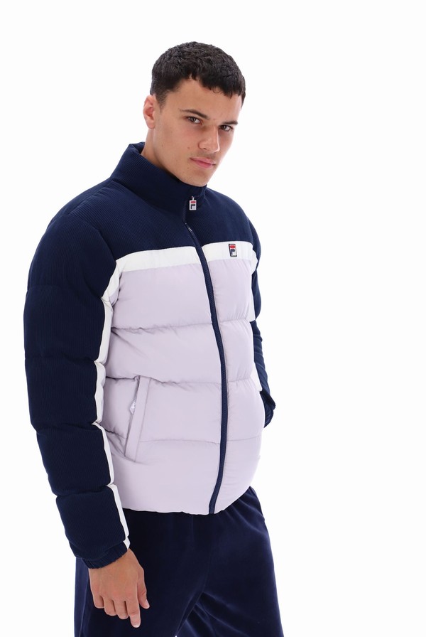 Navy / Purple Fila Rowan Corduroy Mix Colour Block Puffer Men Jackets | 8426GDMXT
