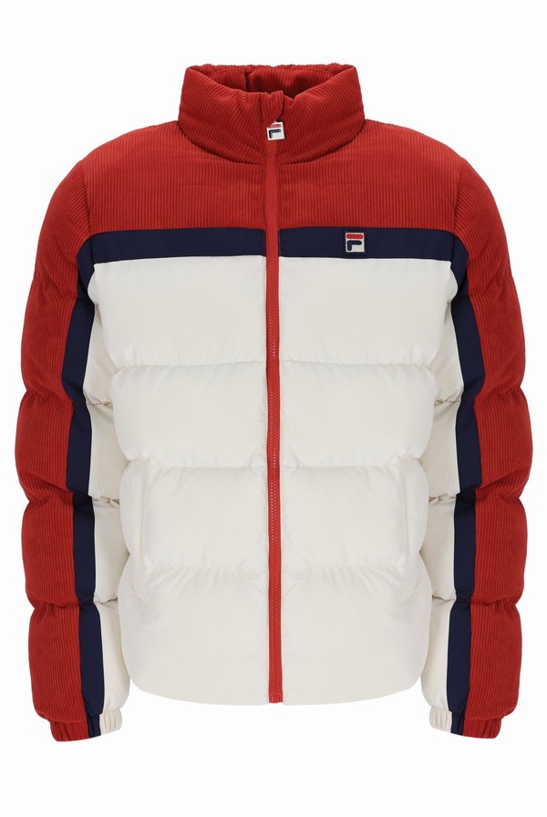 Red / White Fila Rowan Corduroy Mix Colour Block Puffer Men Jackets | 9560SUPDF