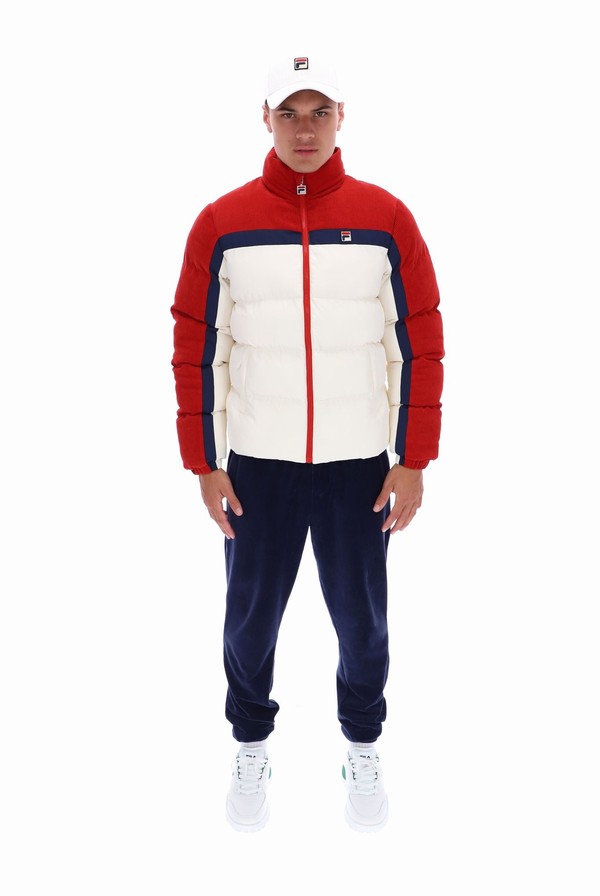 Red / White Fila Rowan Corduroy Mix Colour Block Puffer Men Jackets | 9560SUPDF
