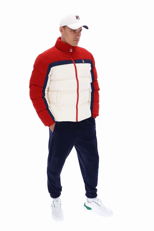 Red / White Fila Rowan Corduroy Mix Colour Block Puffer Men Jackets | 9560SUPDF
