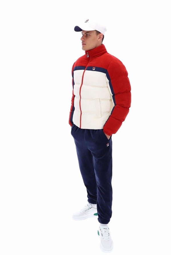 Red / White Fila Rowan Corduroy Mix Colour Block Puffer Men Jackets | 9560SUPDF