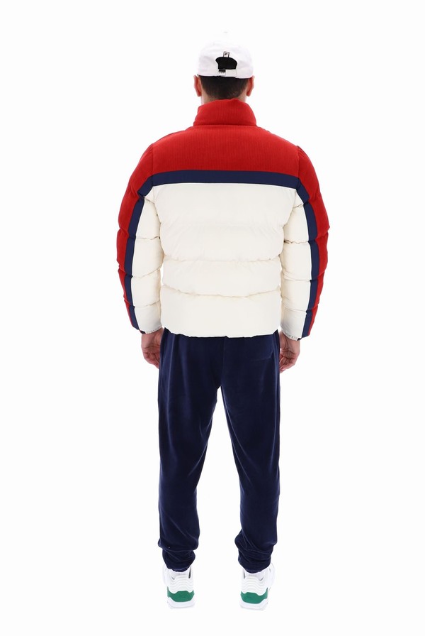 Red / White Fila Rowan Corduroy Mix Colour Block Puffer Men Jackets | 9560SUPDF