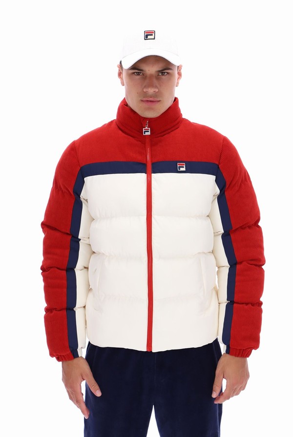 Red / White Fila Rowan Corduroy Mix Colour Block Puffer Men Jackets | 9560SUPDF