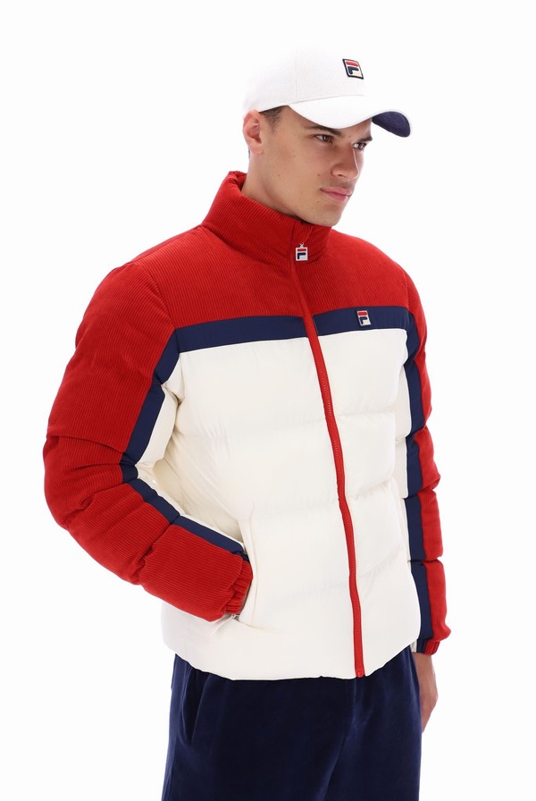 Red / White Fila Rowan Corduroy Mix Colour Block Puffer Men Jackets | 9560SUPDF