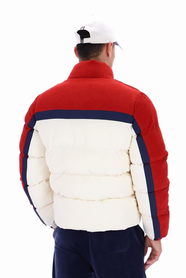 Red / White Fila Rowan Corduroy Mix Colour Block Puffer Men Jackets | 9560SUPDF