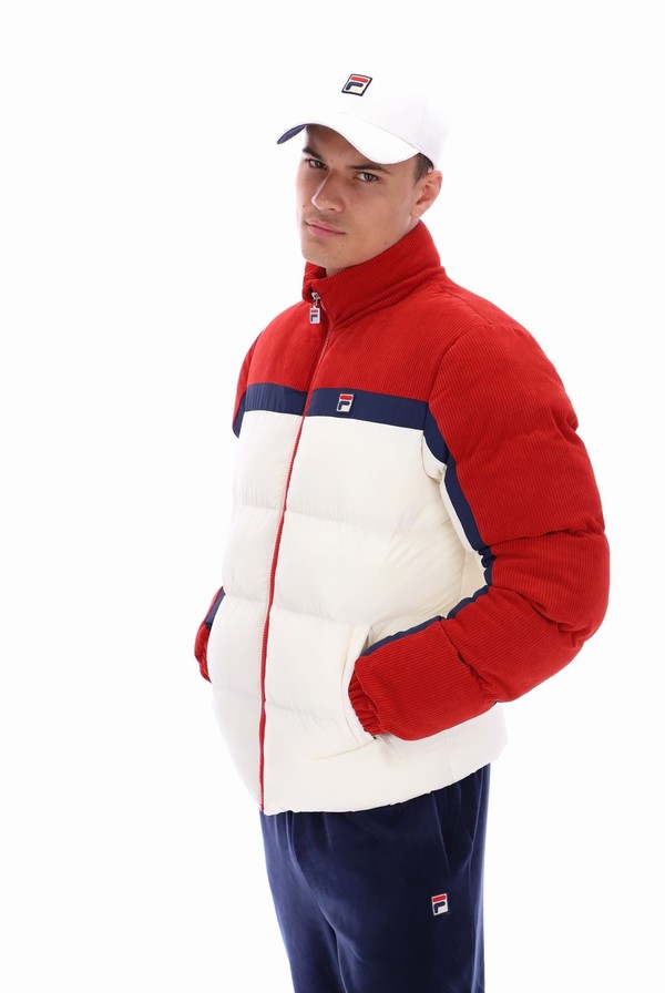 Red / White Fila Rowan Corduroy Mix Colour Block Puffer Men Jackets | 9560SUPDF