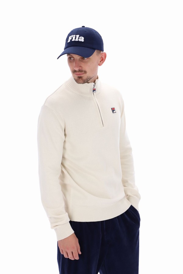 White Fila Alesi 1/4 Zip Up Knit Men Sweatshirts | 0328TADZX