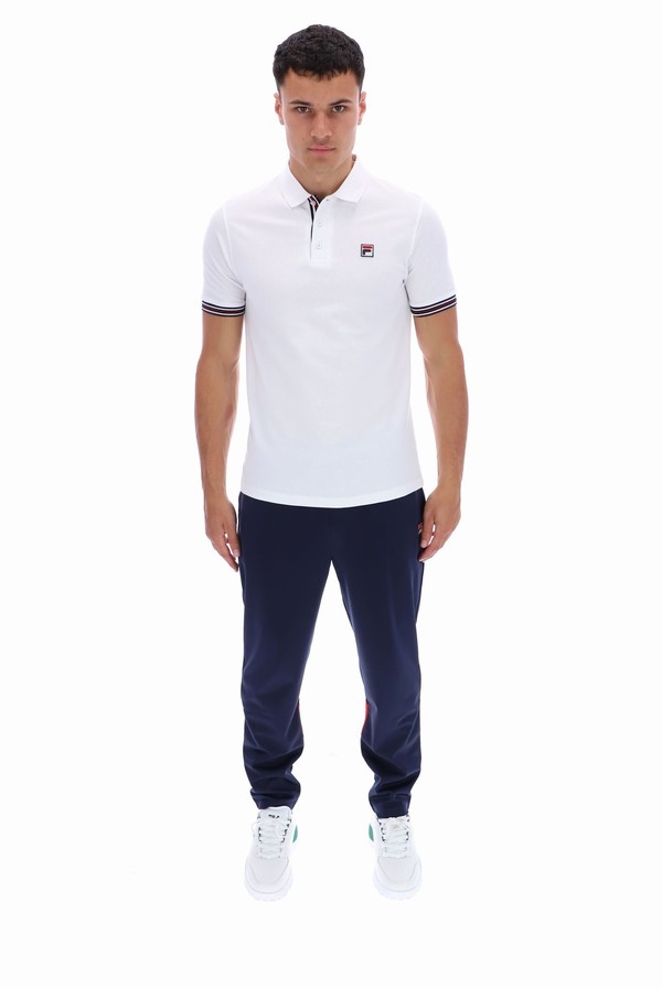 White Fila Omari Heritage Stripe Men Polo Shirts | 3701GCITY