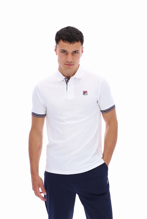 White Fila Omari Heritage Stripe Men Polo Shirts | 3701GCITY