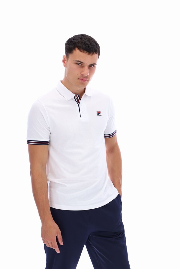 White Fila Omari Heritage Stripe Men Polo Shirts | 3701GCITY