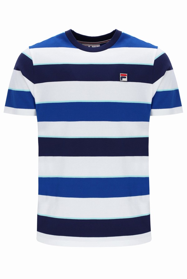 White / Navy / Light Blue / Blue Fila Jaxon Yarn Dye Striped Men T-shirts | 5934RCVDX