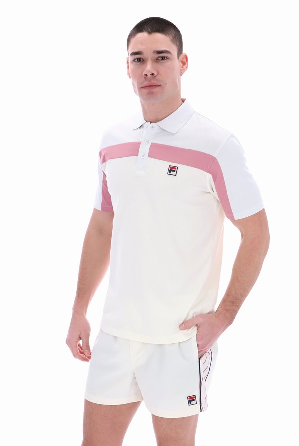 White / Pink Fila Kaiser Cut & Sew Vintage Wash Men Polo Shirts | 4187OPUTR