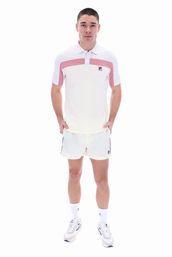 White / Pink Fila Kaiser Cut & Sew Vintage Wash Men Polo Shirts | 4187OPUTR