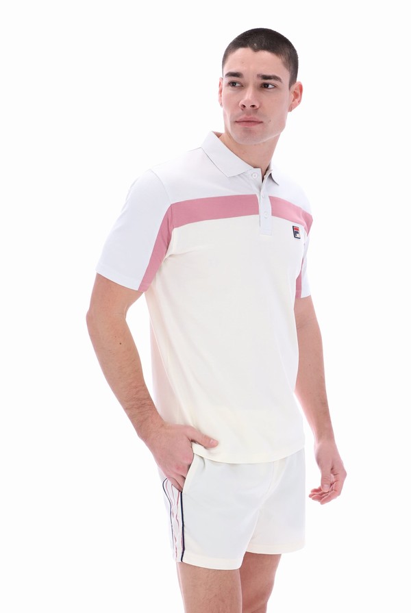White / Pink Fila Kaiser Cut & Sew Vintage Wash Men Polo Shirts | 4187OPUTR