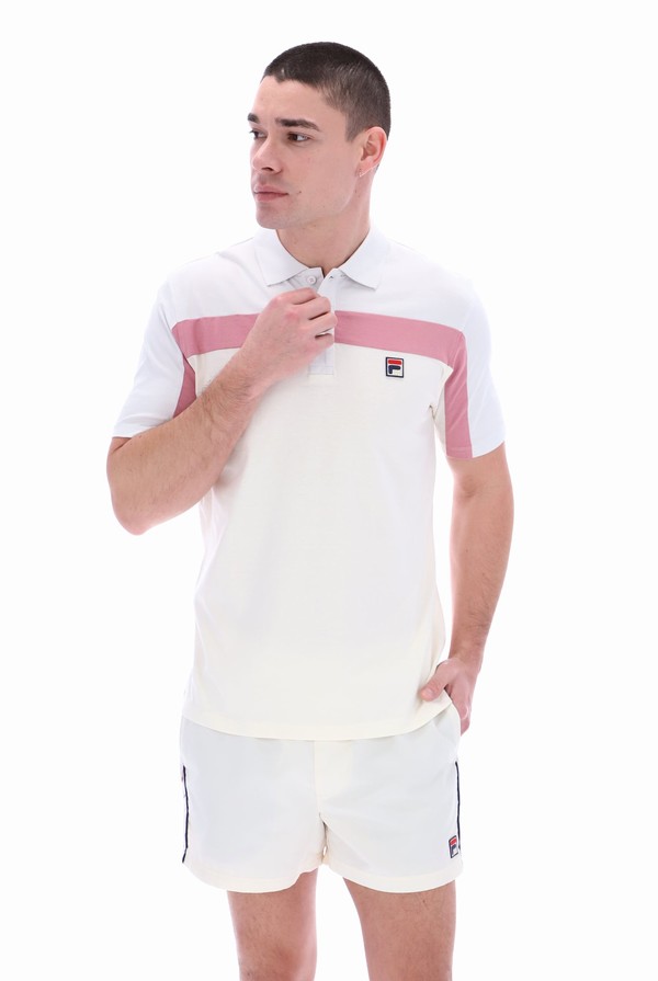 White / Pink Fila Kaiser Cut & Sew Vintage Wash Men Polo Shirts | 4187OPUTR